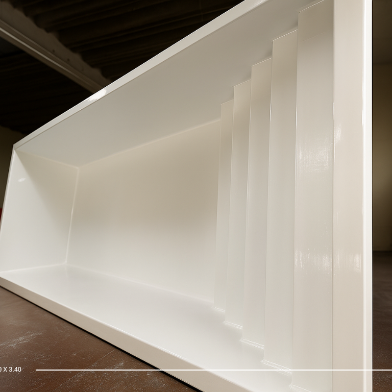 Pileta de fibra modelo Atlántico 7.50 x 3.40 — vista interior con escalones — Piletas Rodano