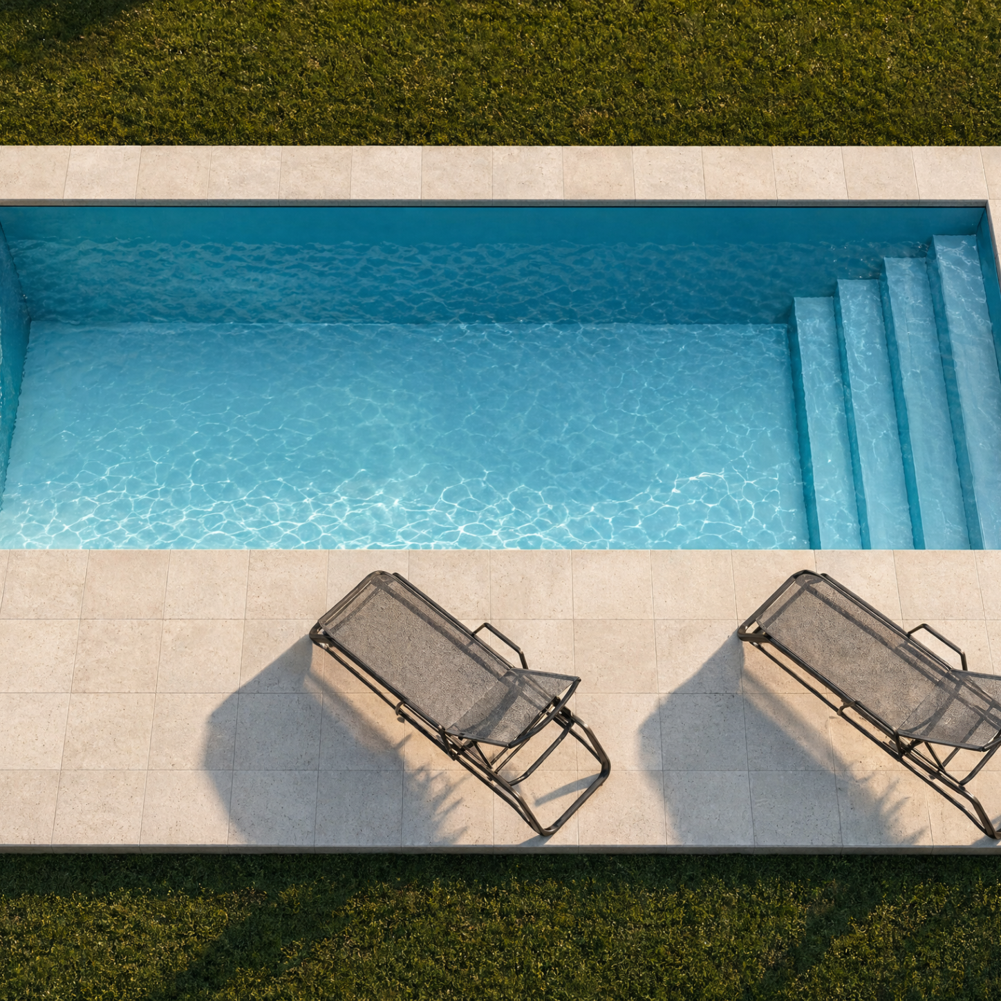 Pileta de fibra rectangular modelo Atlántico instalada en jardín con reposeras — Piletas Rodano