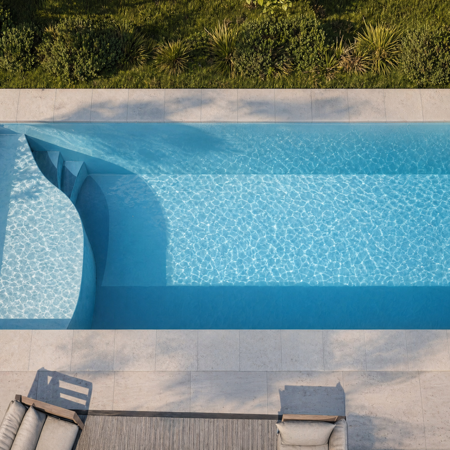 Pileta de fibra modelo Mediterráneo instalada con entrada curva y deck — Piletas Rodano