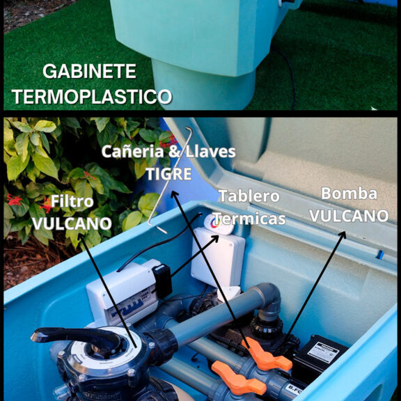 Gabinete termoplástico con filtro y bomba Vulcano, llaves Tigre y tablero térmico — Piletas Rodano