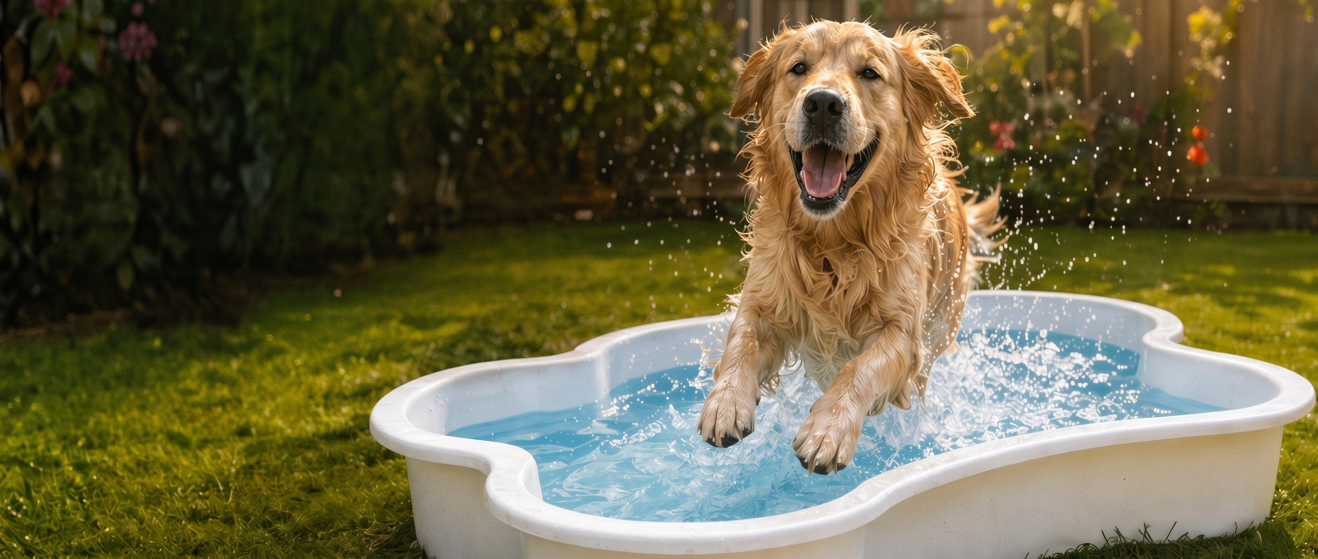 Golden retriever feliz dentro de una pileta para perros con forma de hueso