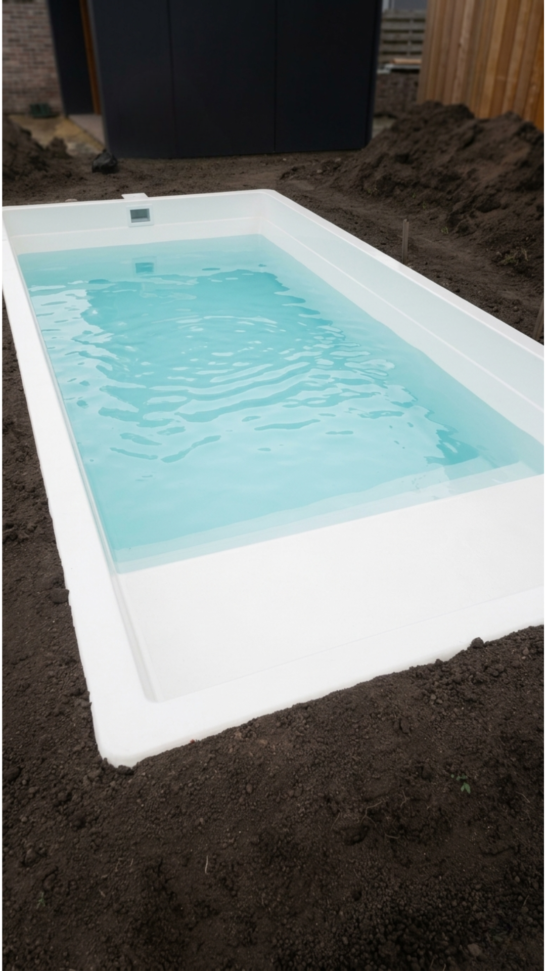 Pileta de fibra blanca terminada, con la tierra de la excavacion todavia alrededor